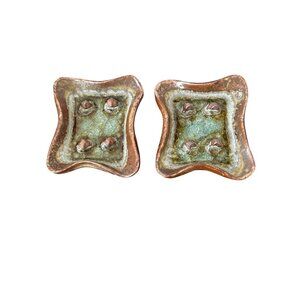 Set of 2 Dock 6 Pottery Soap Dishes Geode Crackle Glass Center Abstract Artsy